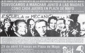 Afiche convocando al juicio contra periodistas en Plaza de Mayo